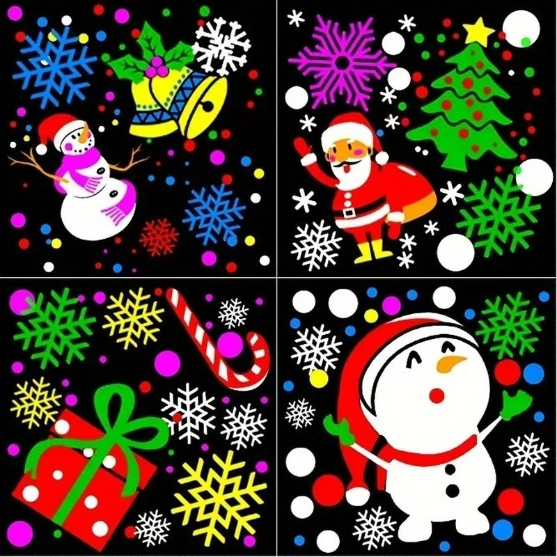 Four of the 16 Christmas scenes: snowman, Santa with tree, gift and snowflakes