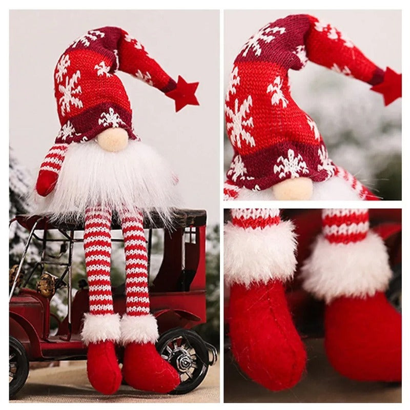 Close-up of the red gnome: knitted hat with star and striped legs